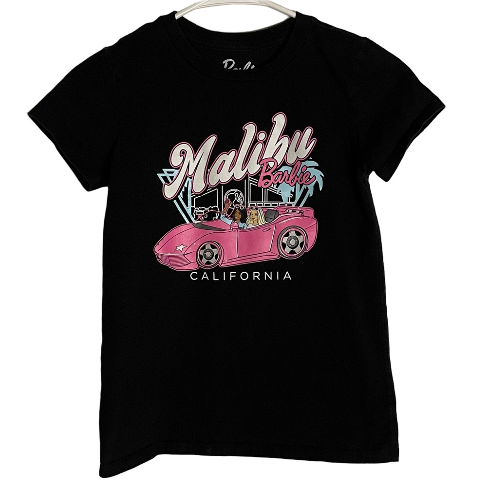 BARBIE Malibu Car Short Sleeve Tee, Girls M (10/12), Black Pink